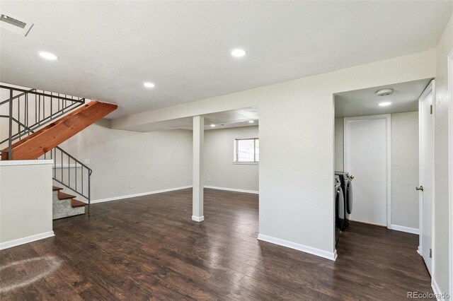 5886 S Nepal Way, Centennial, CO 80015 - basement featuring washer and clothes dryer, wood finished floors, baseboards, stairway, and recessed lighting