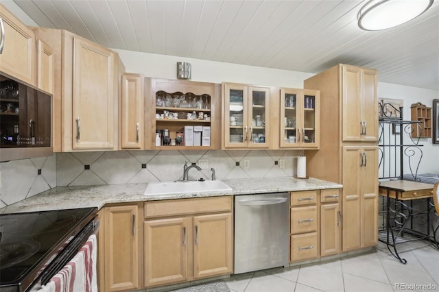 625 S Clinton St Unit 7A, Denver, CO 80247 - kitchen with appliances with stainless steel finishes, a sink, backsplash, open shelves, and wooden ceiling