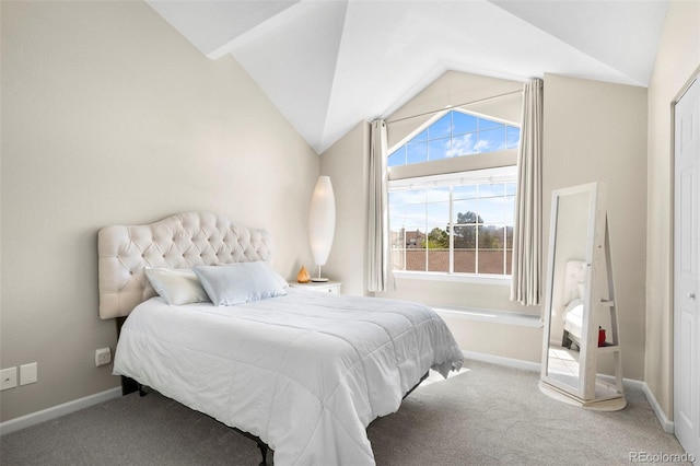 bedroom featuring lofted ceiling, carpet floors, and baseboards
