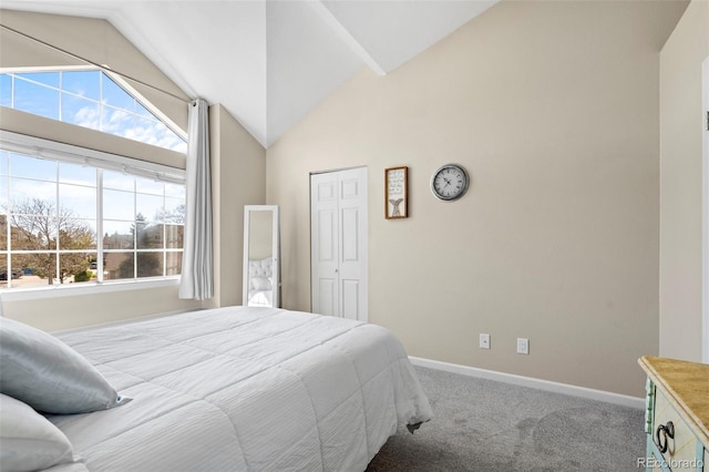 bedroom featuring vaulted ceiling, baseboards, carpet floors, and a closet