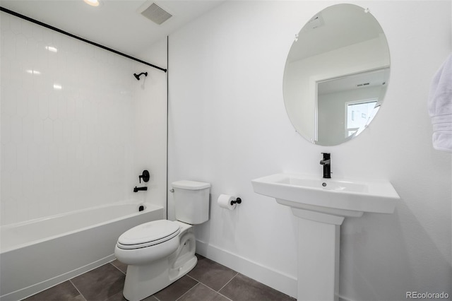 full bath featuring visible vents, baseboards, toilet,  shower combination, and tile patterned floors