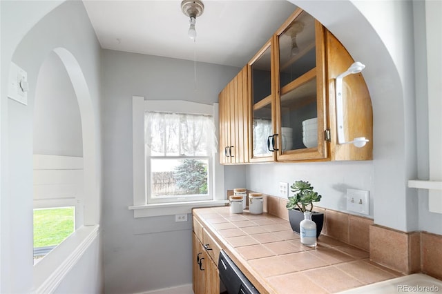 1838 S Williams St, Denver, CO 80210 - kitchen with tile countertops, glass insert cabinets, and dishwashing machine