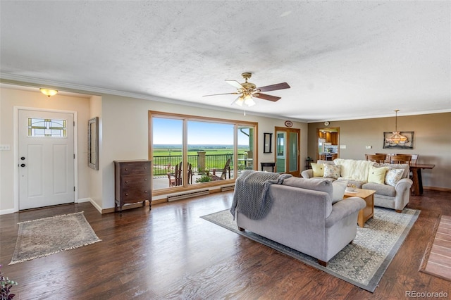 12891 County Road 29, Sterling, CO 80751 - living room featuring a textured ceiling, healthy amount of natural light, ceiling fan, crown molding, and wood finished floors