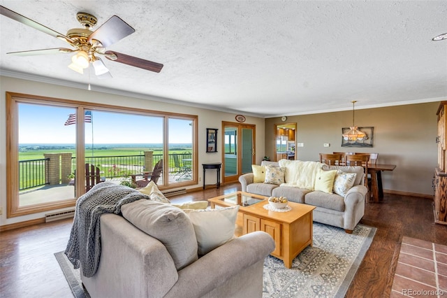12891 County Road 29, Sterling, CO 80751 - living room with dark wood-style floors, a textured ceiling, crown molding, and ceiling fan