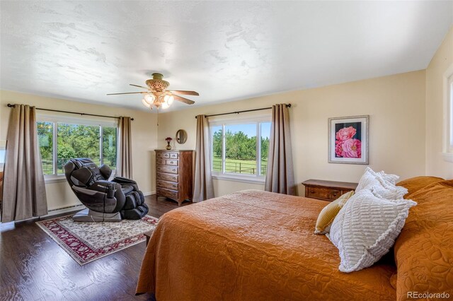 12891 County Road 29, Sterling, CO 80751 - bedroom with multiple windows, wood finished floors, a ceiling fan, and a baseboard heating unit