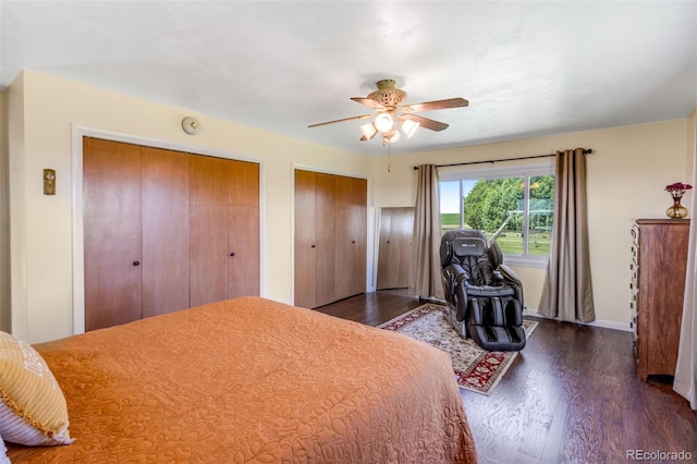 12891 County Road 29, Sterling, CO 80751 - bedroom with dark wood-style flooring, multiple closets, and ceiling fan