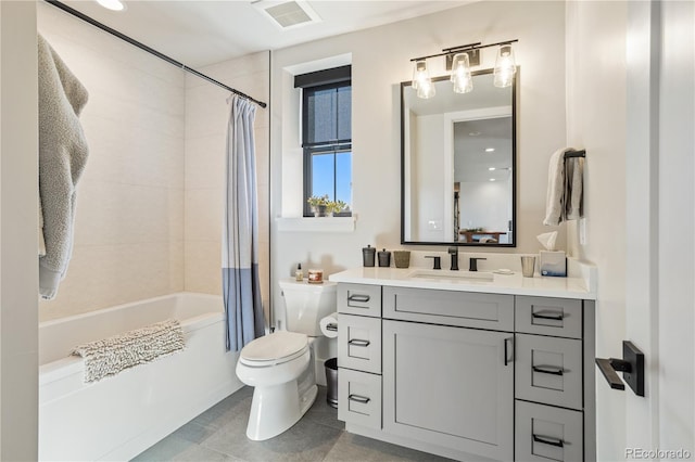 full bathroom with vanity, tile flooring, shower / tub combo with curtain, and toilet