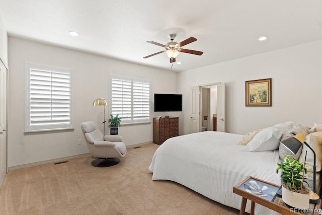 bedroom with recessed lighting, carpet floors, a ceiling fan, visible vents, and baseboards