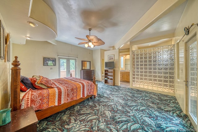 bedroom with ceiling fan, connected bathroom, carpet, and french doors