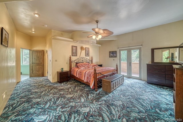 carpeted bedroom featuring french doors, access to outside, and ceiling fan