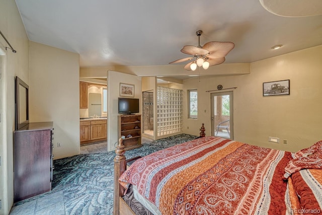 bedroom with connected bathroom and ceiling fan