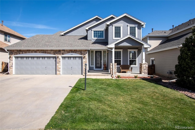 view of front facade featuring an attached garage, concrete driveway, stone siding, and a front lawn