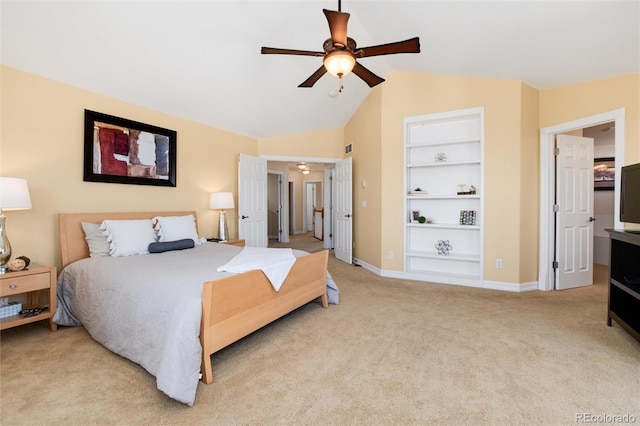 bedroom with ceiling fan, baseboards, vaulted ceiling, and carpet floors