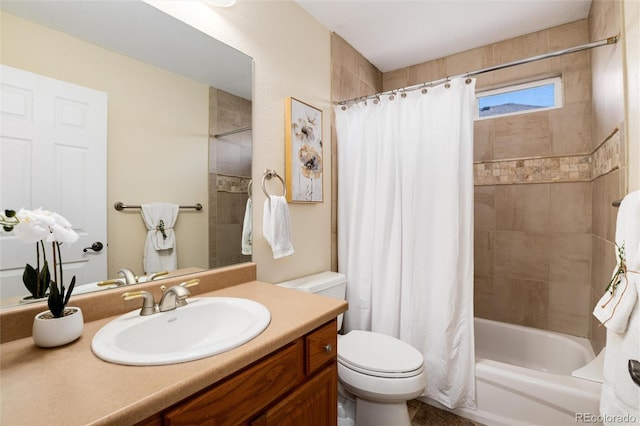 bathroom with toilet, shower / bath combo with shower curtain, and vanity