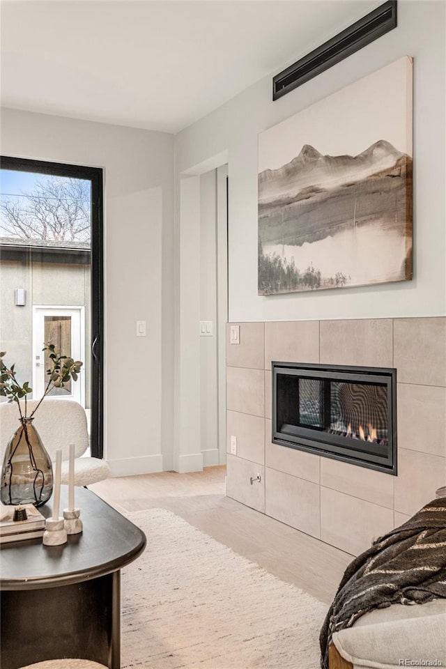 living room with a fireplace