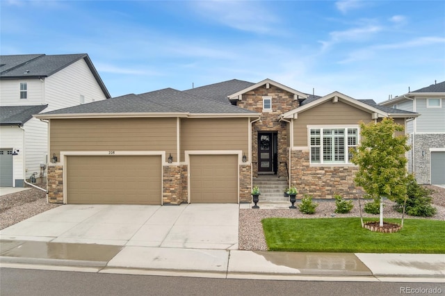 228 Rogers Ct, Castle Rock, CO 80104 - view of front facade featuring stone siding, an attached garage, driveway, and a front lawn