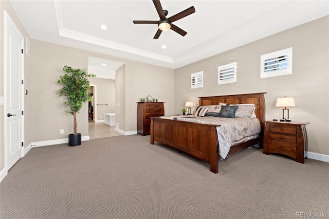 228 Rogers Ct, Castle Rock, CO 80104 - bedroom with a raised ceiling, light carpet, baseboards, recessed lighting, and crown molding
