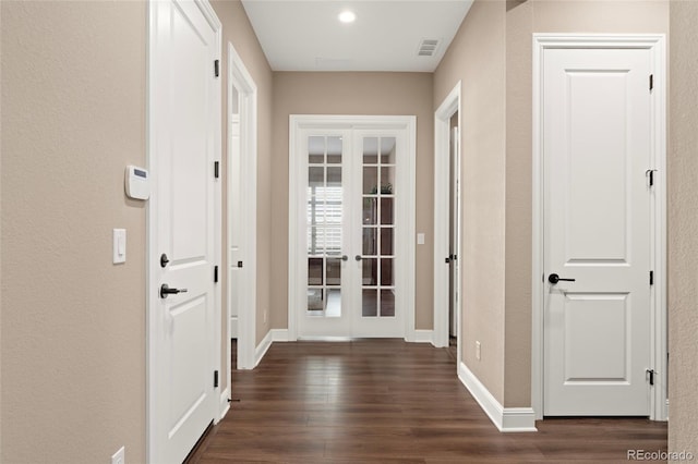 228 Rogers Ct, Castle Rock, CO 80104 - corridor with french doors, dark wood-type flooring, baseboards, a textured wall, and recessed lighting