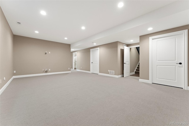 228 Rogers Ct, Castle Rock, CO 80104 - finished basement featuring recessed lighting, baseboards, light carpet, and stairs