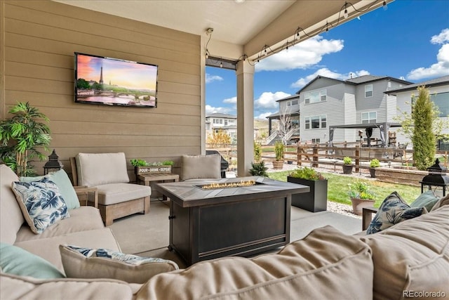 228 Rogers Ct, Castle Rock, CO 80104 - view of patio / terrace featuring an outdoor living space with a fire pit and a residential view