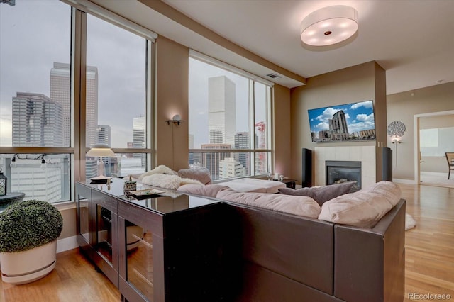 living room featuring light hardwood / wood-style floors and a tiled fireplace