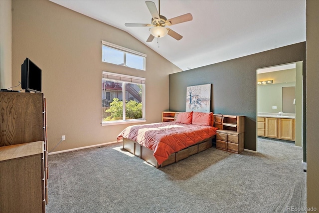 5932 S Versailles St, Aurora, CO 80015 - bedroom with carpet flooring, ensuite bath, a ceiling fan, and high vaulted ceiling