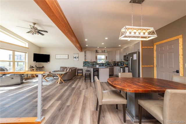 1624 Gcr 5221, Tabernash, CO 80478 - dining space with light wood finished floors, plenty of natural light, a ceiling fan, beamed ceiling, and recessed lighting