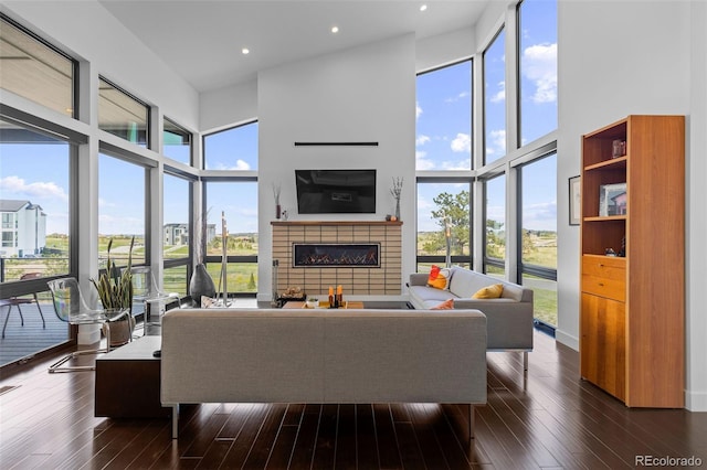 8765 Canyon Wind St, Parker, CO 80138 - living area featuring a high ceiling, a glass covered fireplace, dark wood finished floors, expansive windows, and recessed lighting