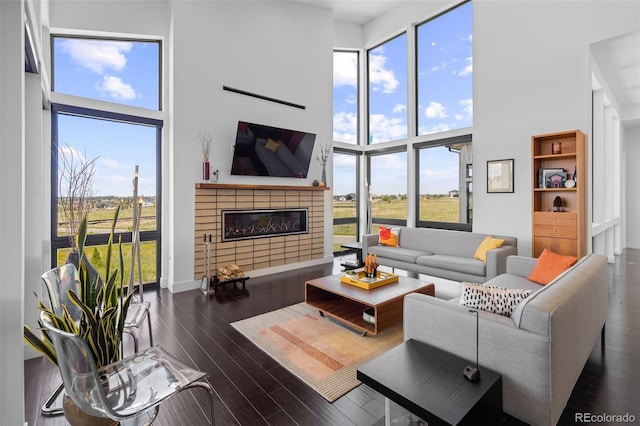 8765 Canyon Wind St, Parker, CO 80138 - living room featuring a high ceiling, dark wood-style flooring, and a glass covered fireplace
