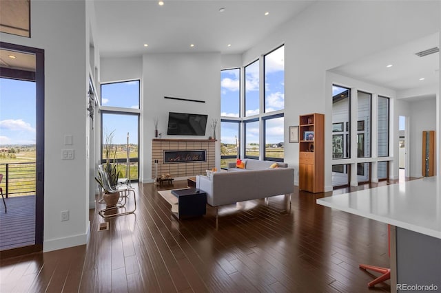 8765 Canyon Wind St, Parker, CO 80138 - living area featuring a towering ceiling, a glass covered fireplace, recessed lighting, and dark wood finished floors