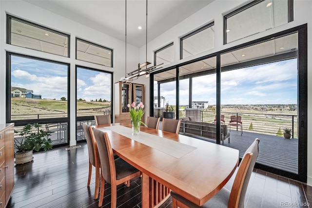 8765 Canyon Wind St, Parker, CO 80138 - dining space with dark wood finished floors, a wall of windows, and a high ceiling