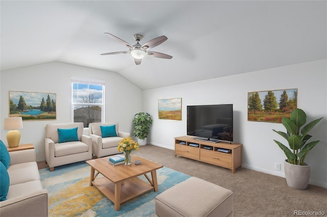 living room with lofted ceiling, carpet, and ceiling fan