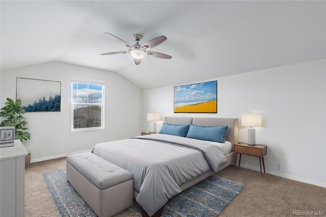 carpeted bedroom featuring ceiling fan and lofted ceiling