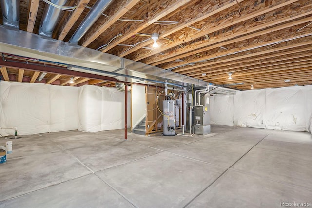 basement with heating unit and gas water heater