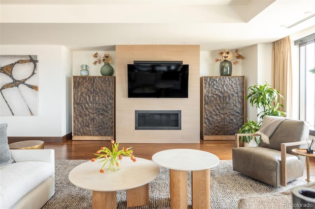 1133 14th St Unit 2000, Denver, CO 80202 - living room featuring wood finished floors, a large fireplace, and baseboards