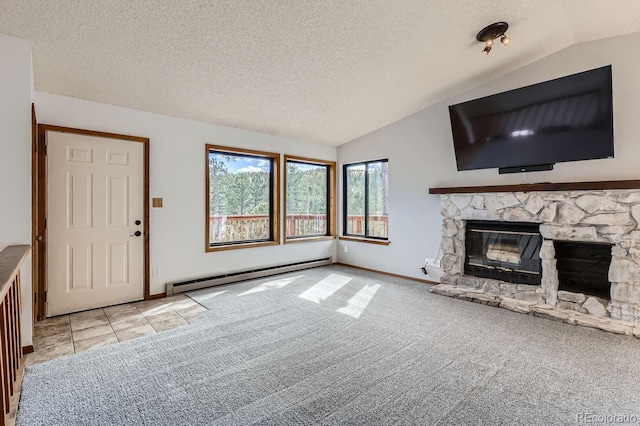 unfurnished living room featuring carpet floors, a baseboard radiator, a stone fireplace, vaulted ceiling, and a textured ceiling