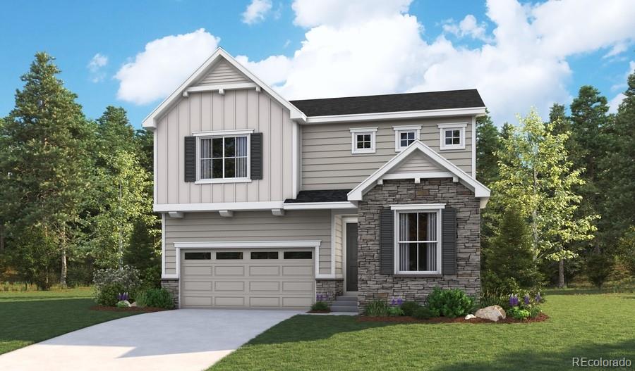 craftsman-style house featuring stone siding, board and batten siding, driveway, and a front lawn