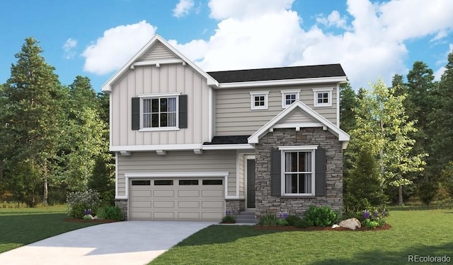 craftsman-style house featuring stone siding, board and batten siding, driveway, and a front lawn