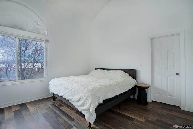 bedroom with high vaulted ceiling and dark hardwood / wood-style flooring