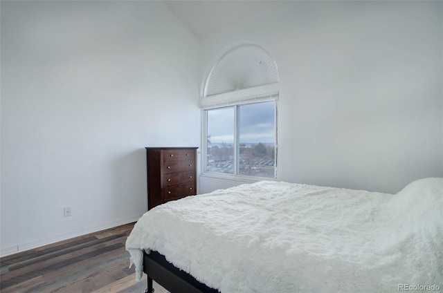 bedroom featuring dark wood-type flooring and high vaulted ceiling