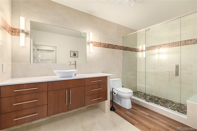 bathroom featuring vanity, a shower with shower door, tile walls, and toilet