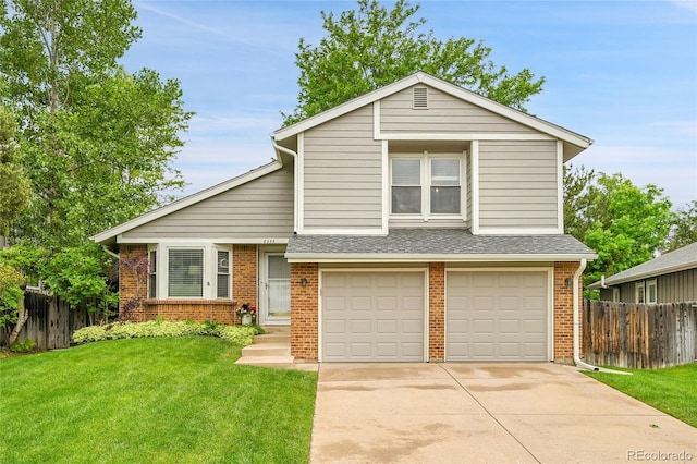 view of front of house featuring a garage, brick siding, concrete driveway, and a shingled roof