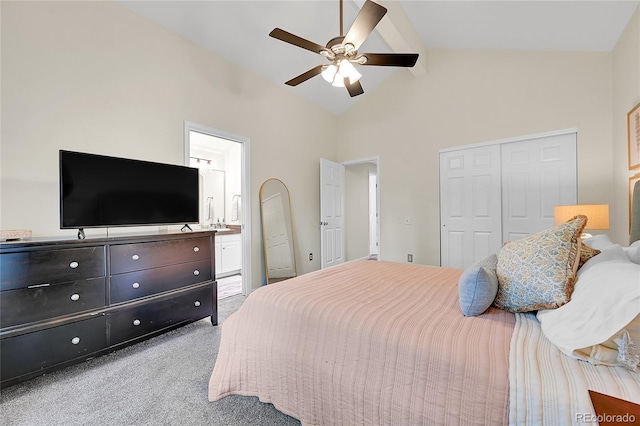 bedroom with a closet, carpet floors, a ceiling fan, and ensuite bathroom