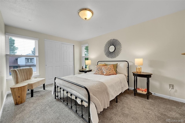 bedroom with carpet flooring, baseboards, and a closet