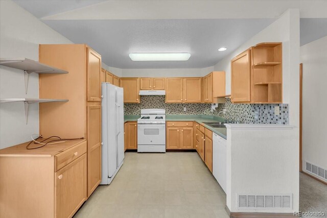 5960 S Estes St, Littleton, CO 80123 - kitchen with open shelves, white appliances, under cabinet range hood, and light brown cabinets
