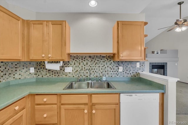 5960 S Estes St, Littleton, CO 80123 - kitchen featuring white dishwasher, a ceiling fan, a sink, light brown cabinetry, and recessed lighting