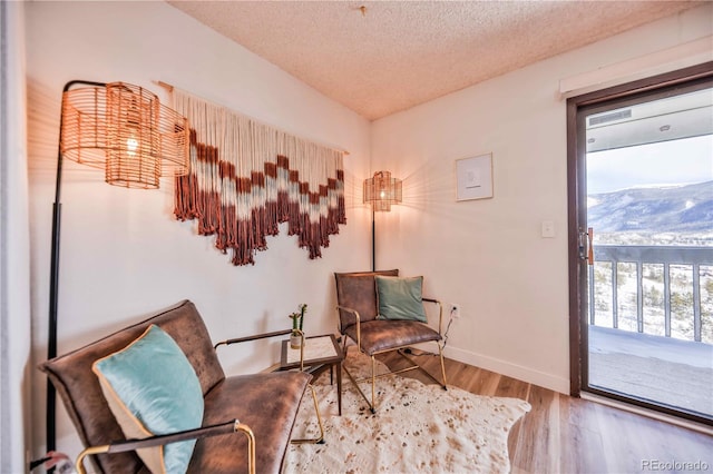 living area featuring a mountain view, hardwood / wood-style flooring, a textured ceiling, and plenty of natural light