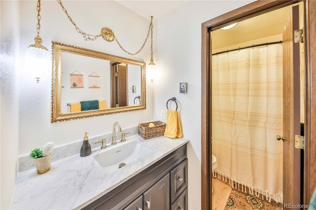 bathroom with vanity, curtained shower, and toilet