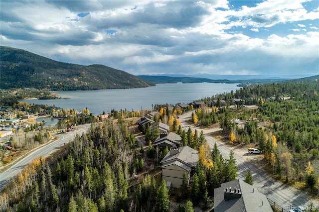 drone / aerial view featuring a water and mountain view