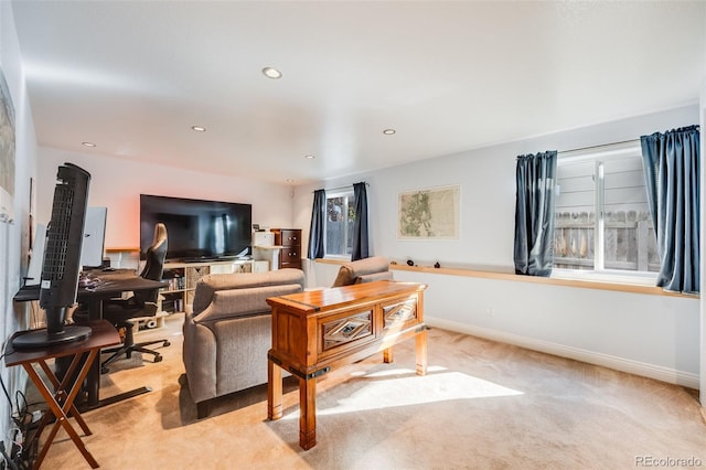 living room with light colored carpet